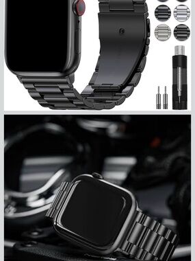 Matte Black Stainless Steel Link Band for Smartwatch - Compatible Unbranded